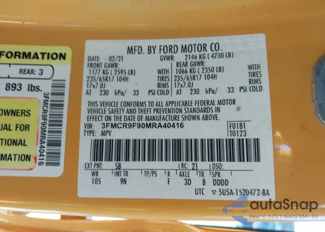 2021 Ford Bronco Sport First Edition z USA, uszkodzony, nr VIN 3FMCR9F90MRA40416